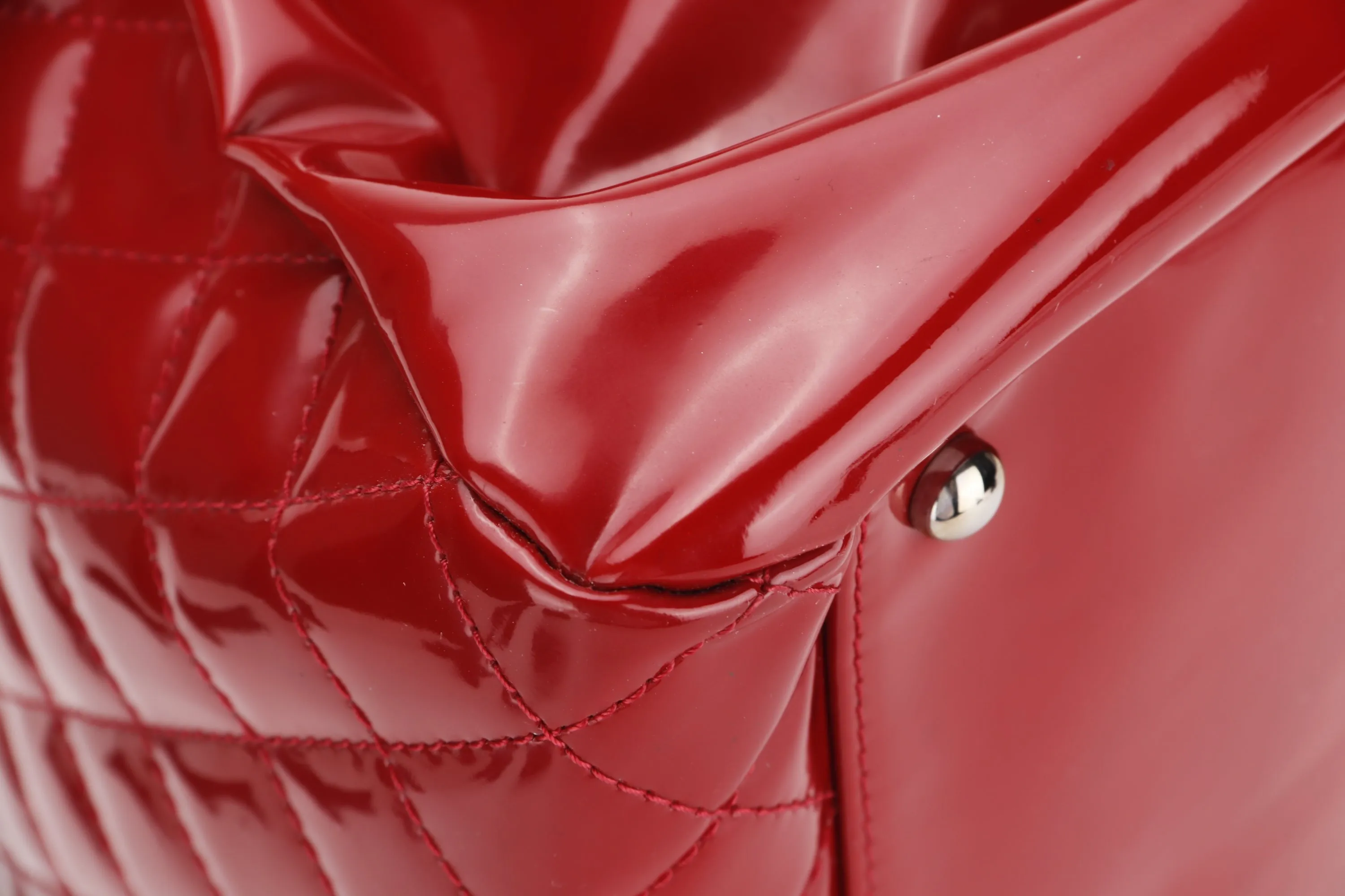 CHANEL MADEMOISELLE (1418xxxx) W 33CM, RED PATENT LEATHER SILVER HARDWARE, WITH CARD & DUST COVER