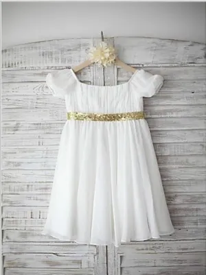 Chiffon Princess Bateau Short Sleeves Flower Girl Dresses Floor Length Dress With Beading