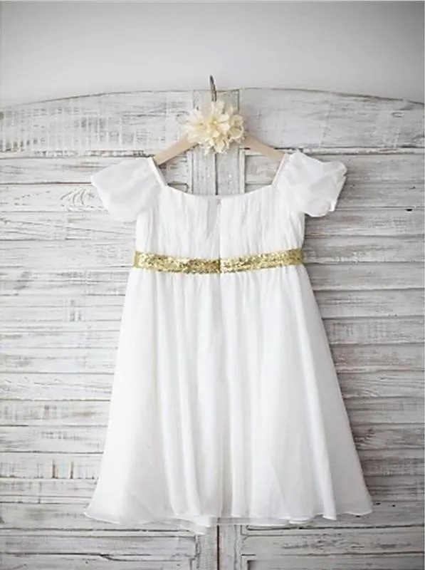 Chiffon Princess Bateau Short Sleeves Flower Girl Dresses Floor Length Dress With Beading