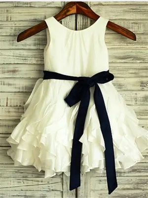 Chiffon Princess Scoop Sleeveless Flower Girl Dresses Tea Length Dress with Bowknot