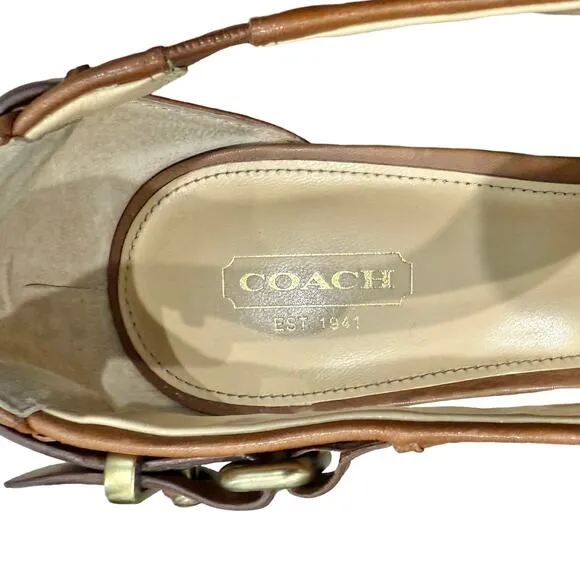 Coach Brea Brown Tan Leather Cross T-Strap Buckle Peep Toe Cone Heels size 10 B