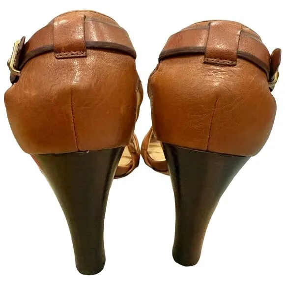 Coach Brea Brown Tan Leather Cross T-Strap Buckle Peep Toe Cone Heels size 10 B