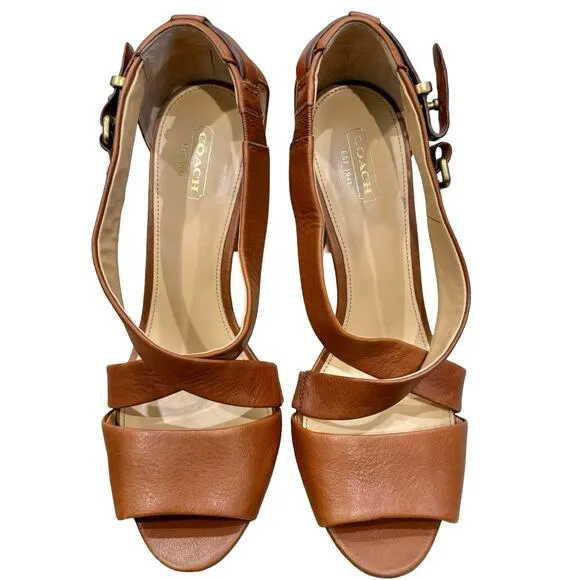 Coach Brea Brown Tan Leather Cross T-Strap Buckle Peep Toe Cone Heels size 10 B