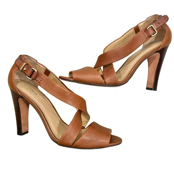 Coach Brea Brown Tan Leather Cross T-Strap Buckle Peep Toe Cone Heels size 10 B