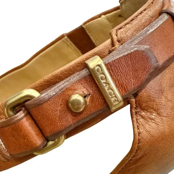 Coach Brea Brown Tan Leather Cross T-Strap Buckle Peep Toe Cone Heels size 10 B
