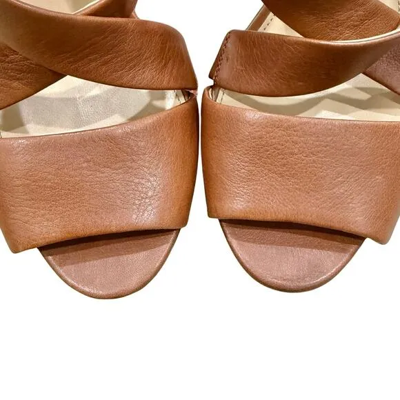 Coach Brea Brown Tan Leather Cross T-Strap Buckle Peep Toe Cone Heels size 10 B