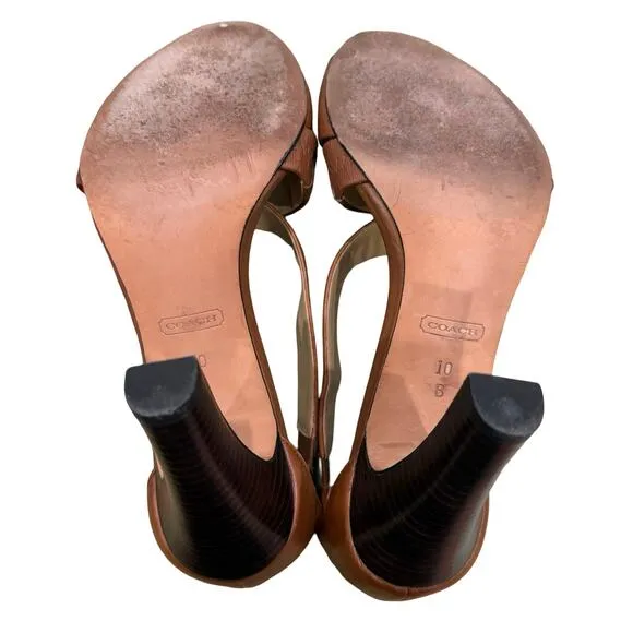 Coach Brea Brown Tan Leather Cross T-Strap Buckle Peep Toe Cone Heels size 10 B