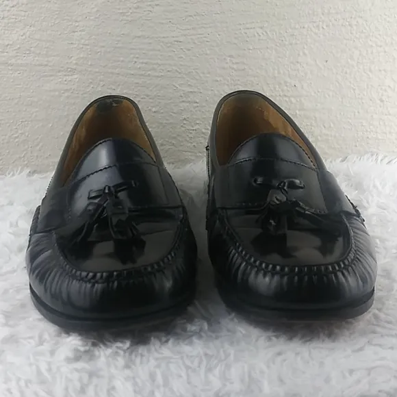 Cole Hann Black Genuine Leather Tassel Upper Almond Toe Slip On Loafer Shoe