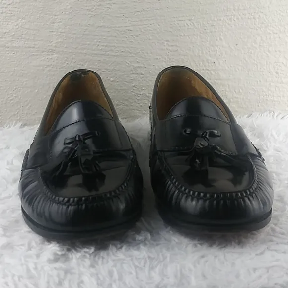 Cole Hann Black Genuine Leather Tassel Upper Almond Toe Slip On Loafer Shoe
