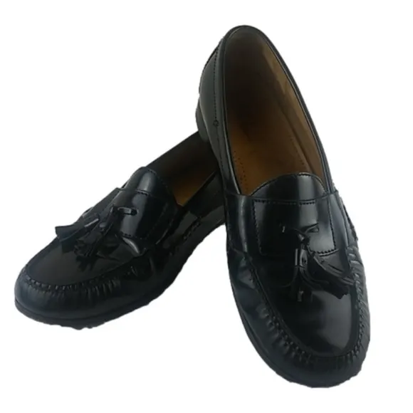 Cole Hann Black Genuine Leather Tassel Upper Almond Toe Slip On Loafer Shoe