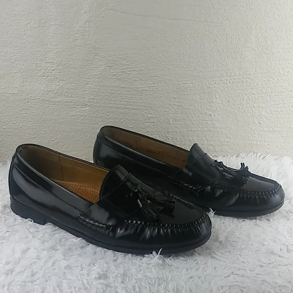 Cole Hann Black Genuine Leather Tassel Upper Almond Toe Slip On Loafer Shoe