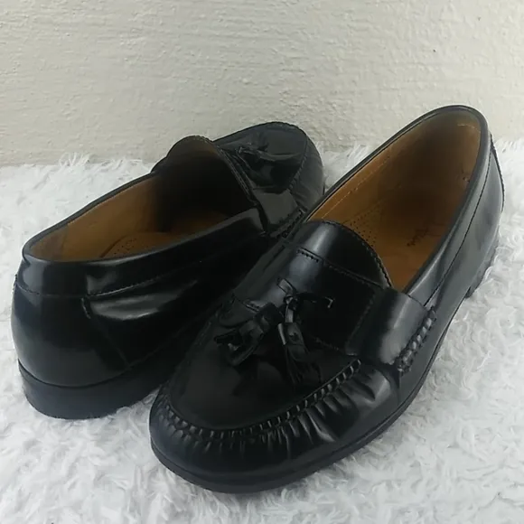 Cole Hann Black Genuine Leather Tassel Upper Almond Toe Slip On Loafer Shoe