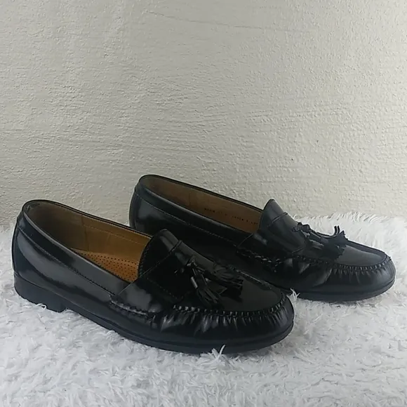 Cole Hann Black Genuine Leather Tassel Upper Almond Toe Slip On Loafer Shoe
