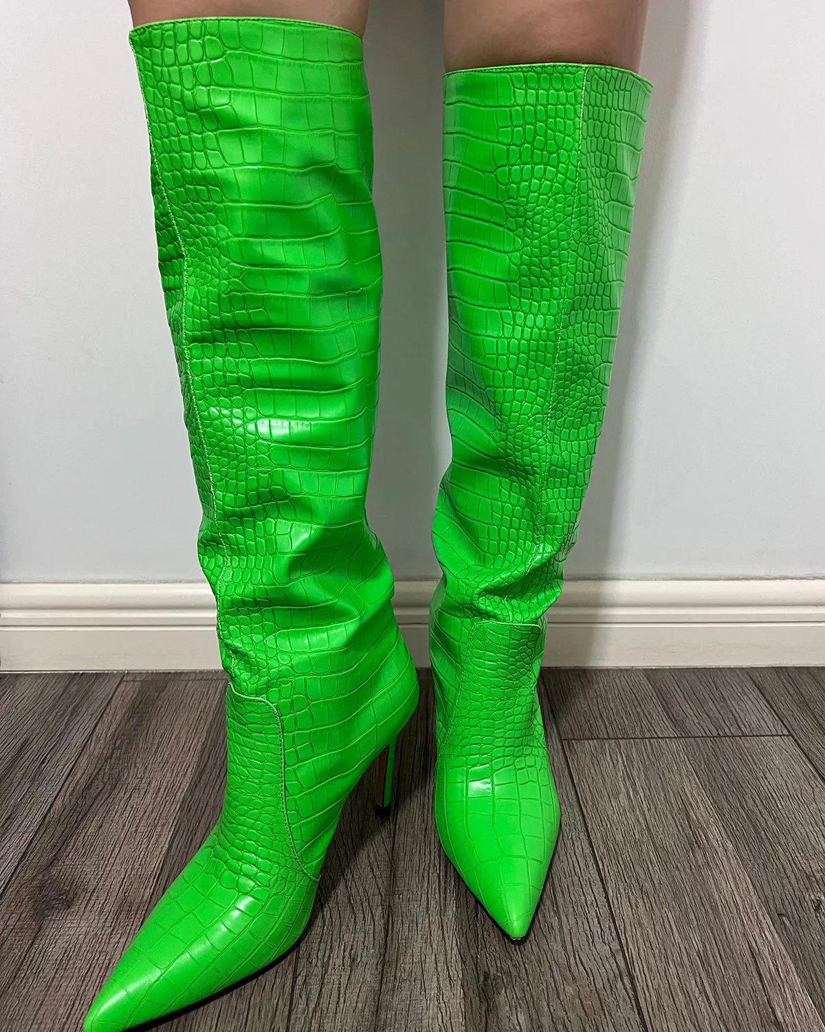 Croc leather pointed toe knee high boots