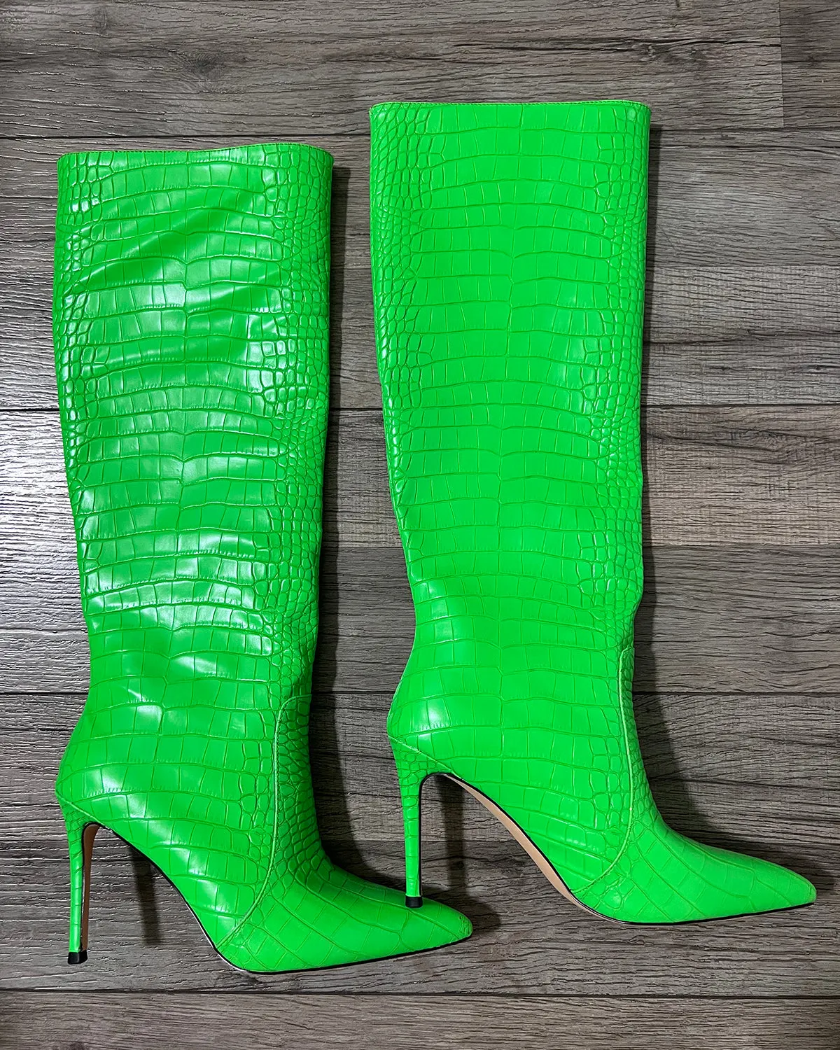 Croc leather pointed toe knee high boots