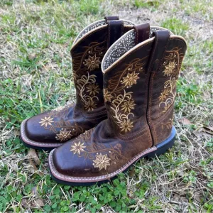 Dan Post Children’s 2D Brown Leather Gardenia Floral Embroidered Square Toe Boot