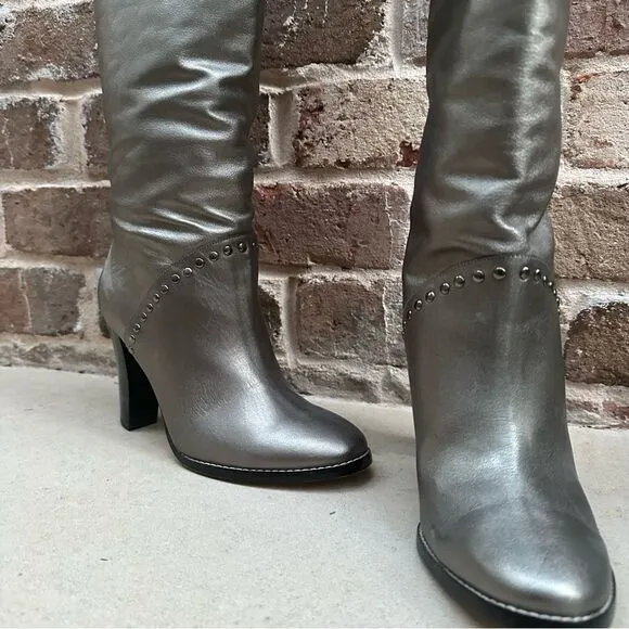 Daniblack | 7.5 | silver knee high heeled moto style boots