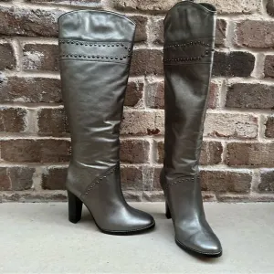 Daniblack | 7.5 | silver knee high heeled moto style boots