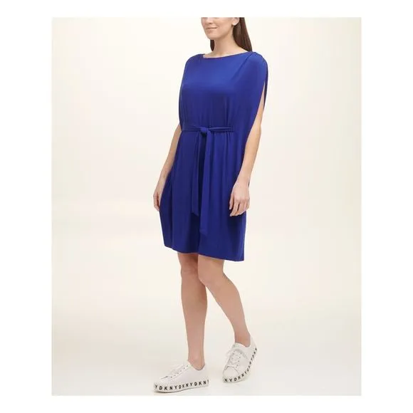 DKNY Womens Blue Belted Shirred Sleeves Cap Sleeve Above The Knee Shift Dress L