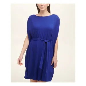 DKNY Womens Blue Belted Shirred Sleeves Cap Sleeve Above The Knee Shift Dress L