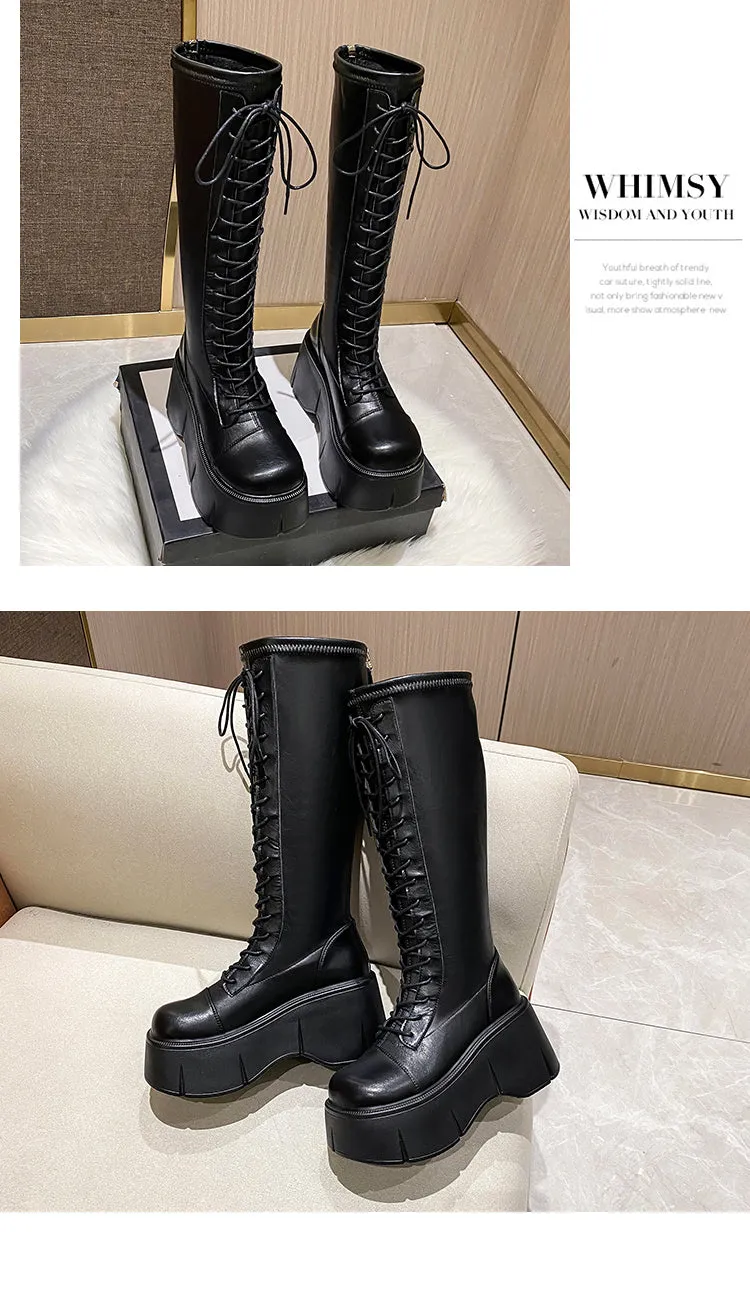 Fiona-101 Lace Up Platform Knee-High Boots