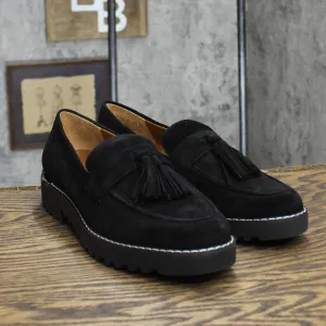 Franco Sarto Womens Carolynn Lug Sole Loafer with Tassel Detail Black Suede 8.5M