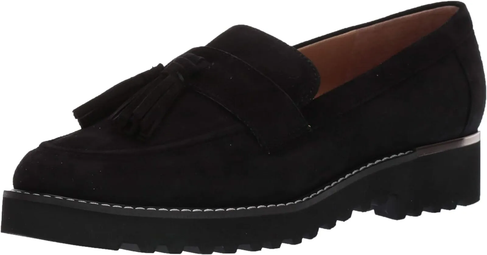 Franco Sarto Womens Carolynn Lug Sole Loafer with Tassel Detail Black Suede 8.5M