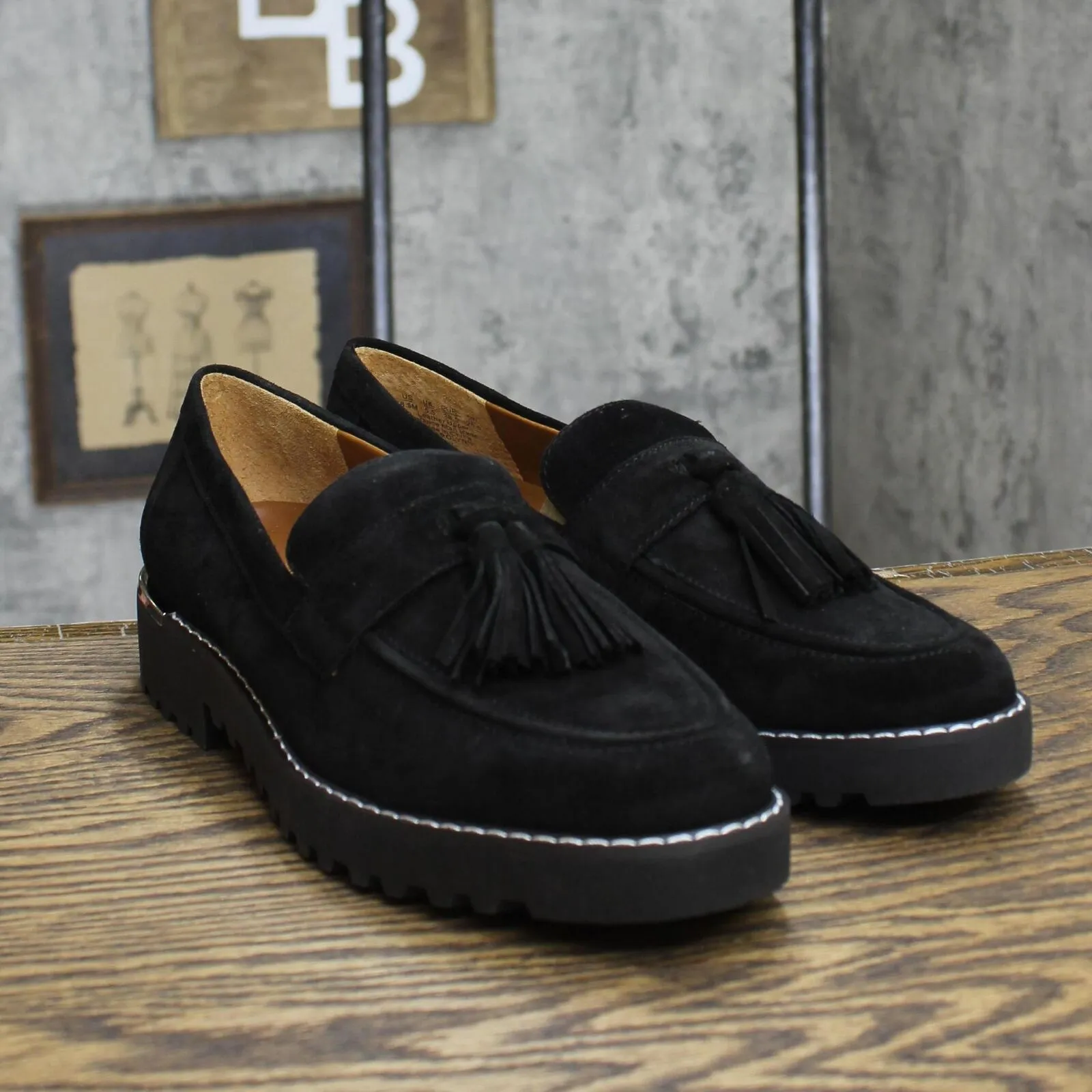 Franco Sarto Womens Carolynn Lug Sole Loafer with Tassel Detail Black Suede 8.5M