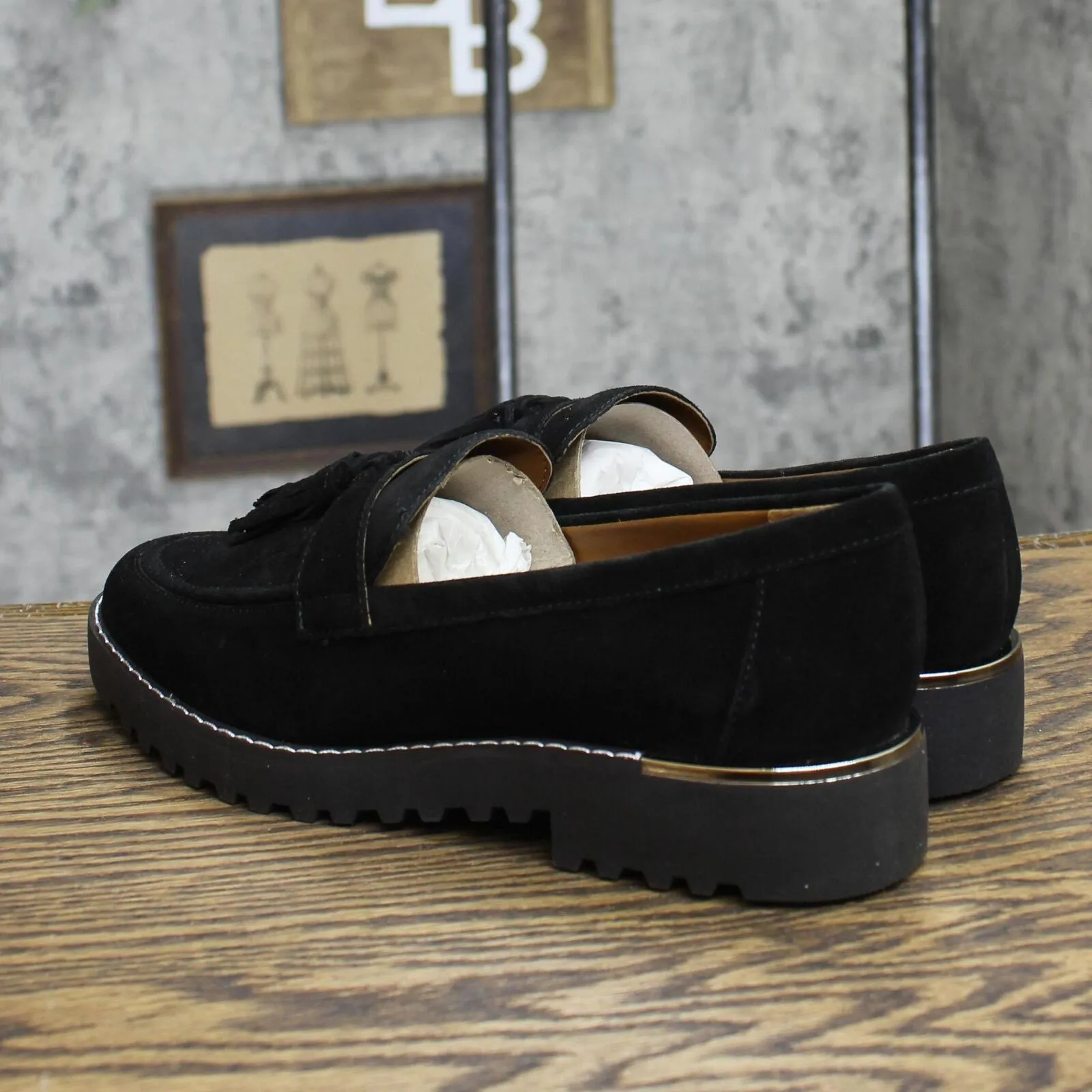 Franco Sarto Womens Carolynn Lug Sole Loafer with Tassel Detail Black Suede 8.5M