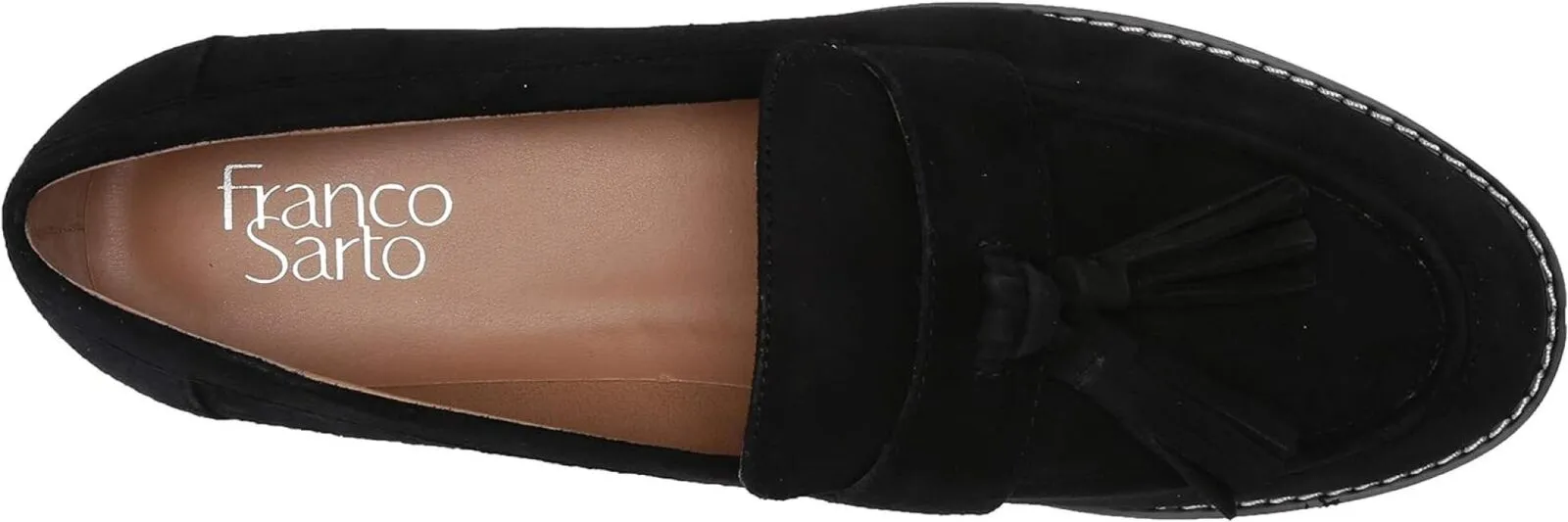 Franco Sarto Womens Carolynn Lug Sole Loafer with Tassel Detail Black Suede 8.5M