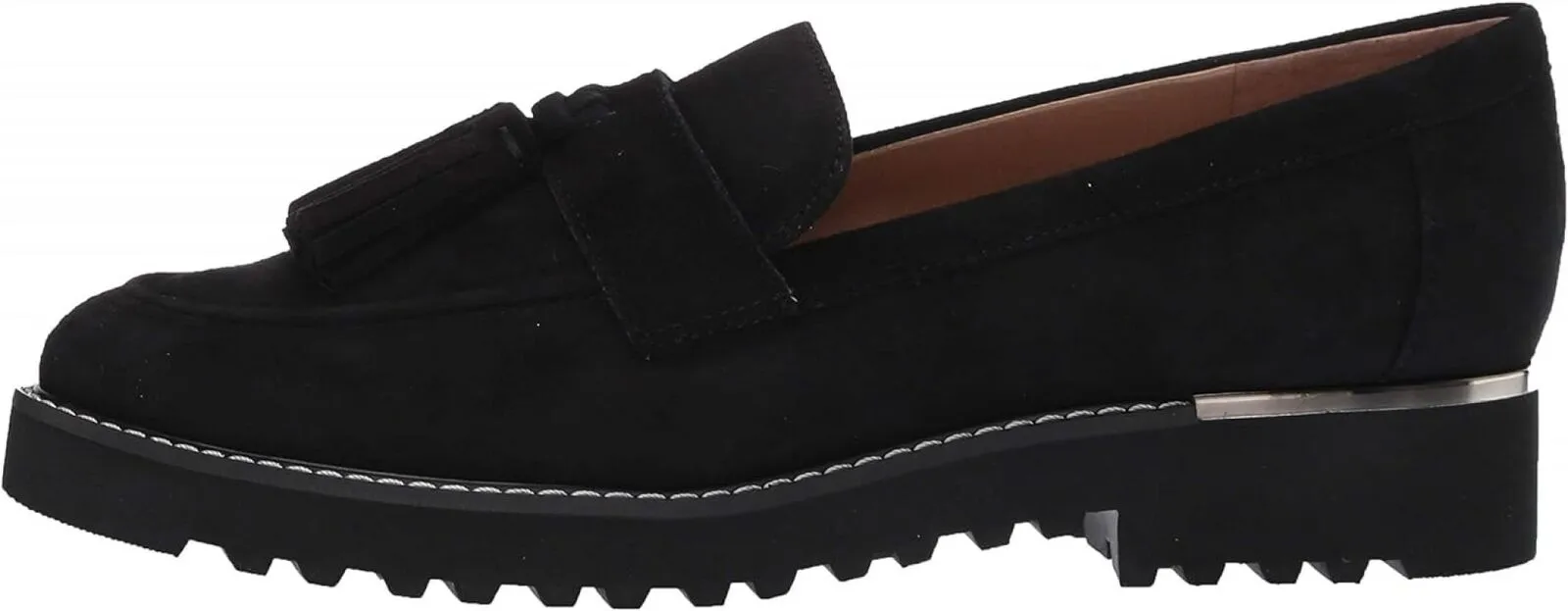 Franco Sarto Womens Carolynn Lug Sole Loafer with Tassel Detail Black Suede 8.5M