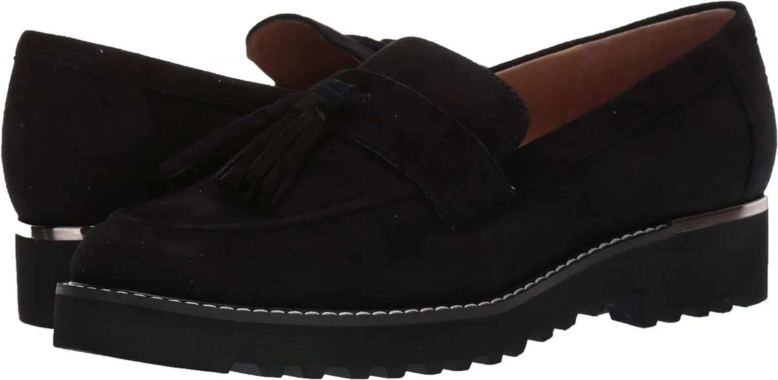 Franco Sarto Womens Carolynn Lug Sole Loafer with Tassel Detail Black Suede 8.5M