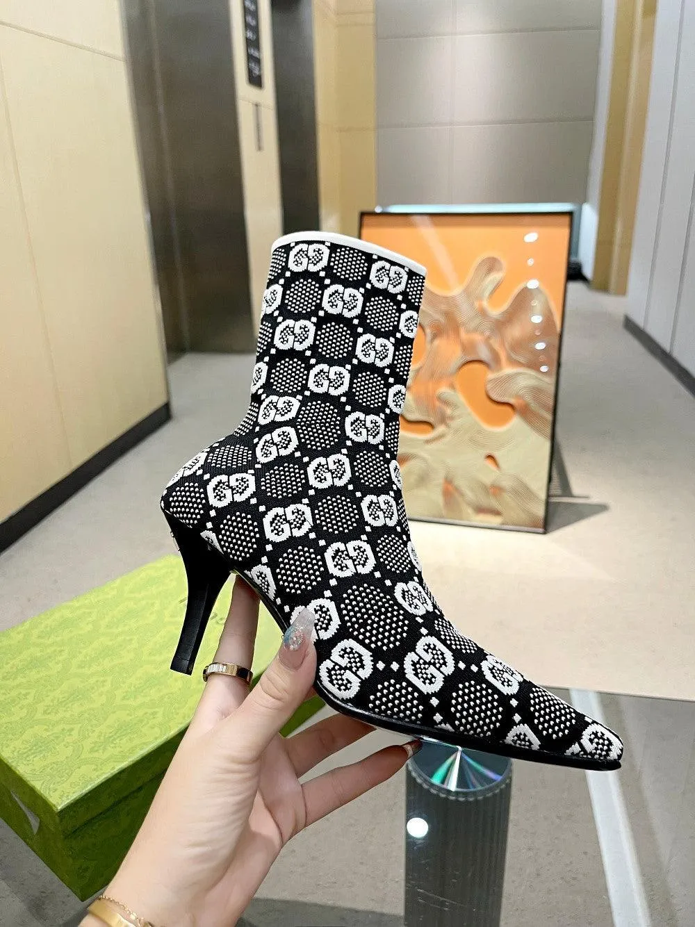 GG GG 75MM KNIT ANKLE BOOTS BLACK WHITE FABRIC 718378 FAAQP 1008