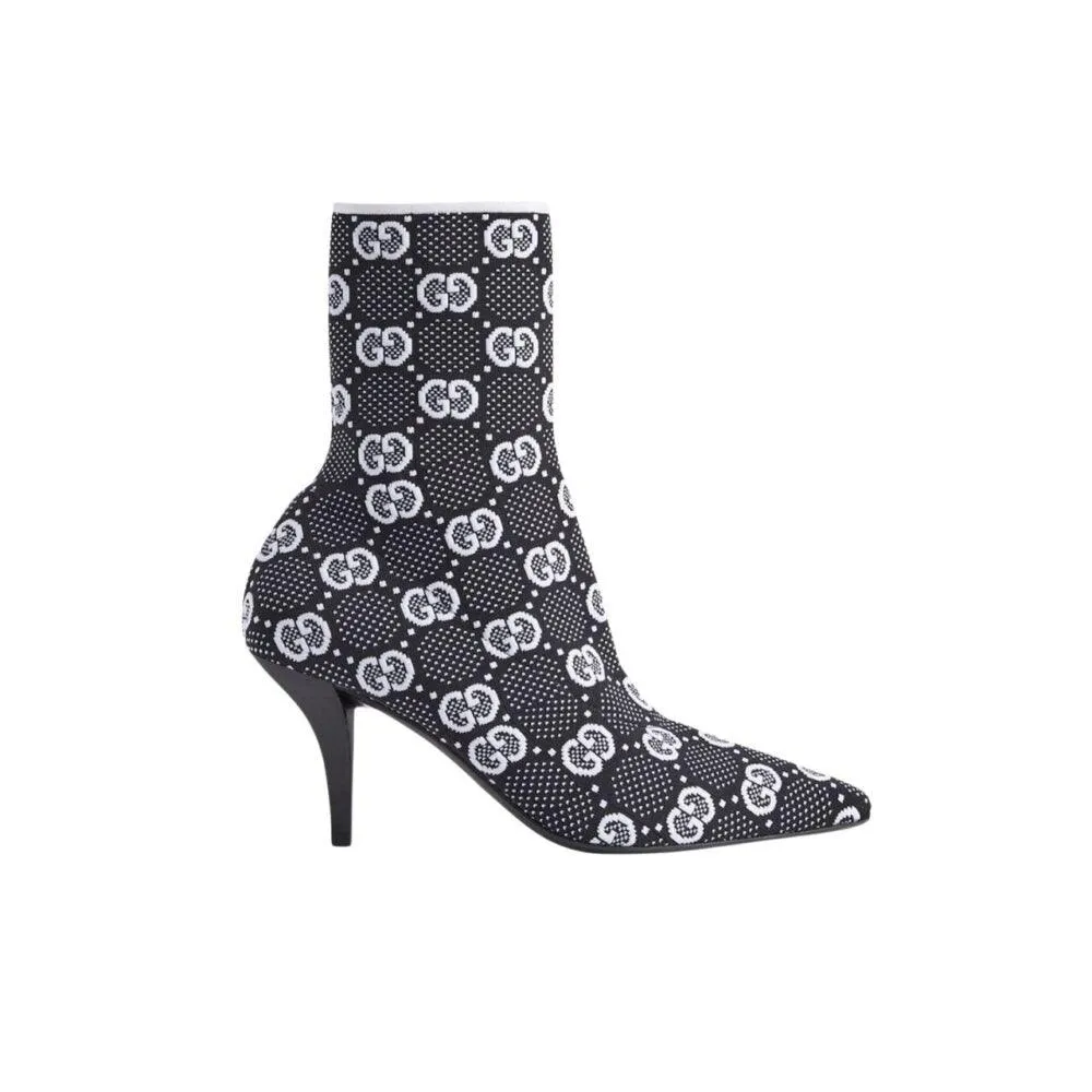 GG GG 75MM KNIT ANKLE BOOTS BLACK WHITE FABRIC 718378 FAAQP 1008