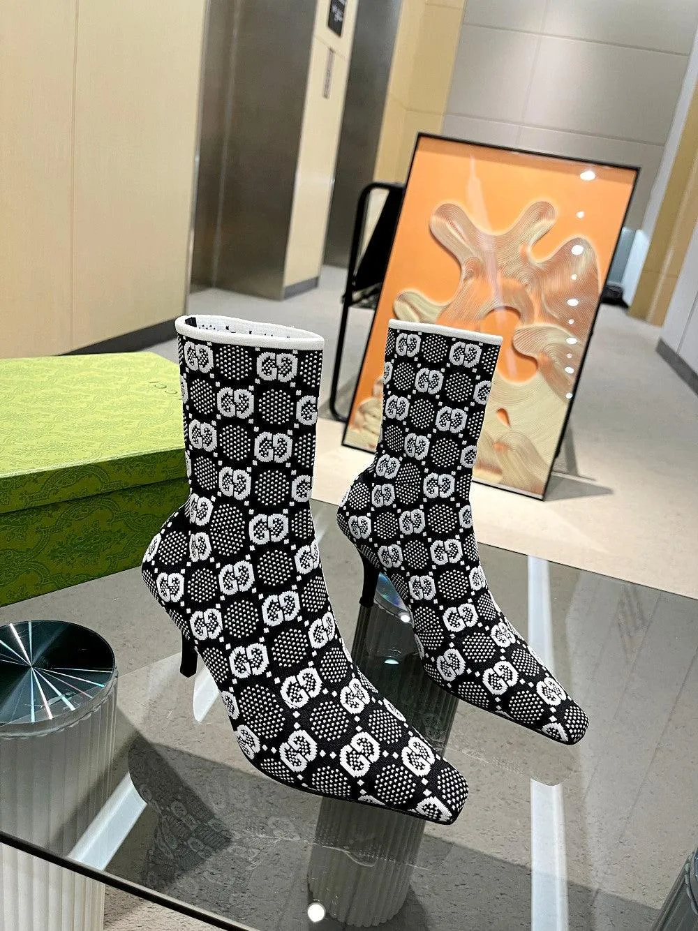 GG GG 75MM KNIT ANKLE BOOTS BLACK WHITE FABRIC 718378 FAAQP 1008