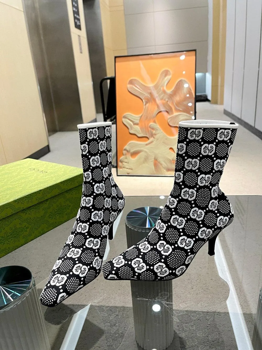 GG GG 75MM KNIT ANKLE BOOTS BLACK WHITE FABRIC 718378 FAAQP 1008