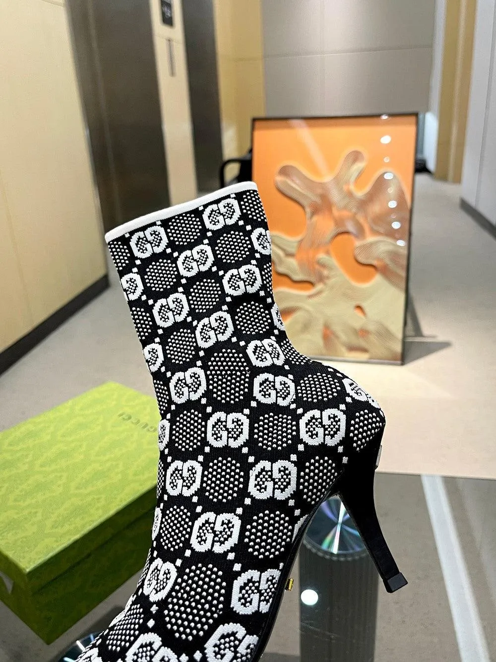 GG GG 75MM KNIT ANKLE BOOTS BLACK WHITE FABRIC 718378 FAAQP 1008