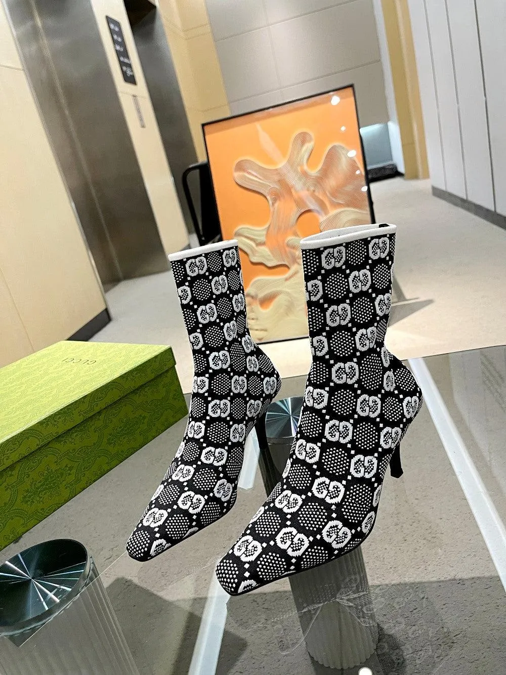 GG GG 75MM KNIT ANKLE BOOTS BLACK WHITE FABRIC 718378 FAAQP 1008