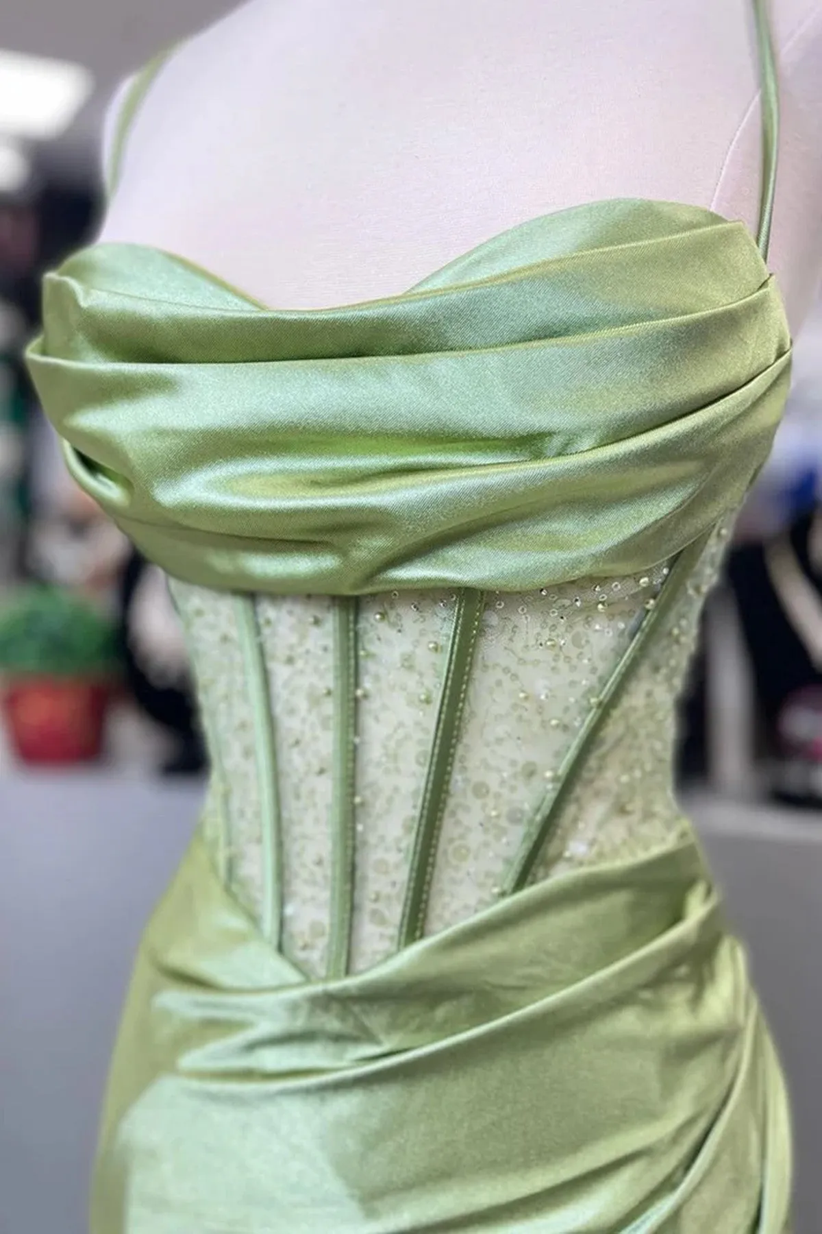 Green Satin Sweetheart Beaded Long Party Dress with Leg Slit, Green Satin Prom Dress