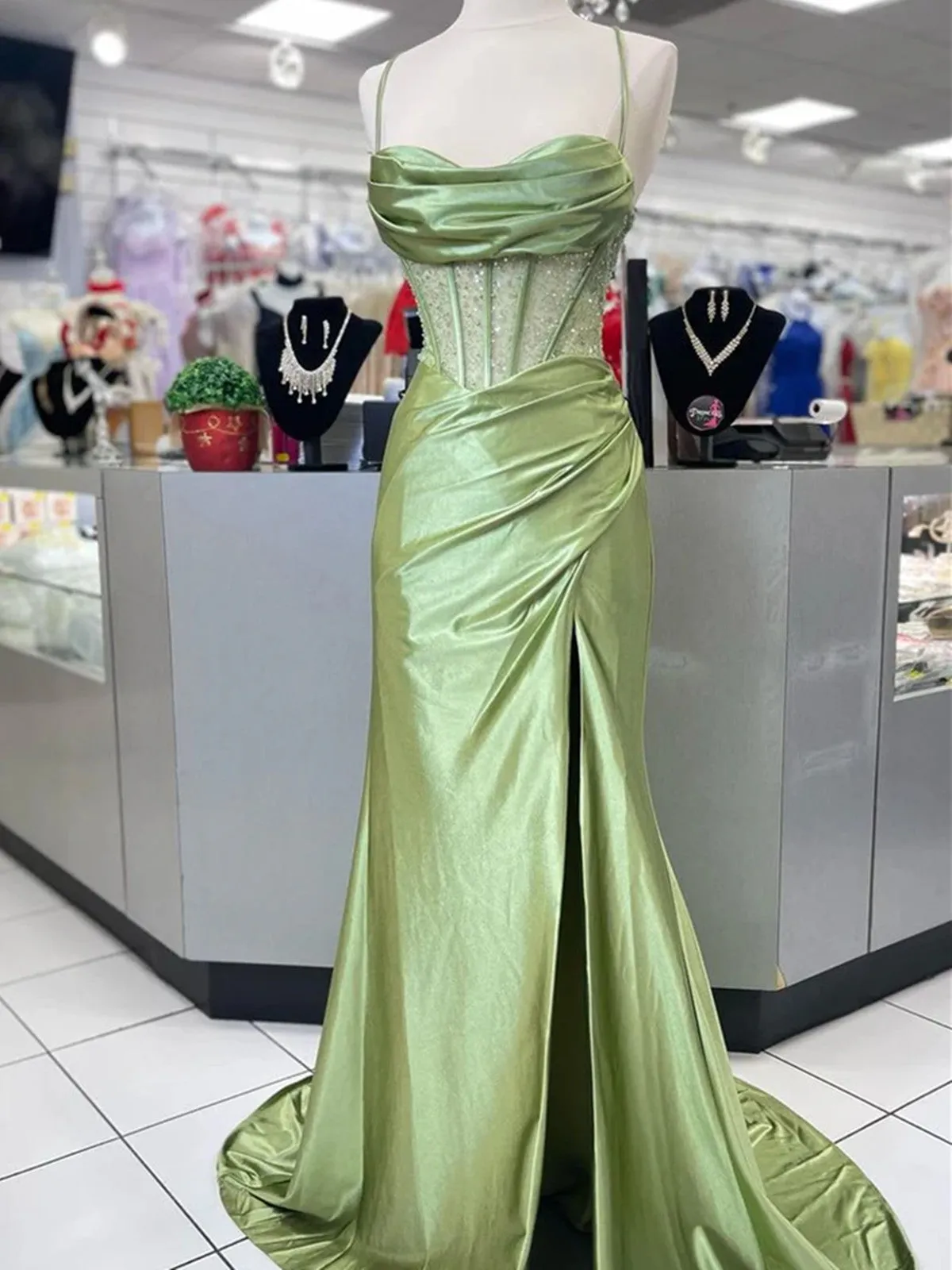 Green Satin Sweetheart Beaded Long Party Dress with Leg Slit, Green Satin Prom Dress