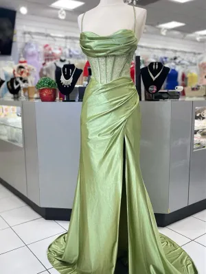 Green Satin Sweetheart Beaded Long Party Dress with Leg Slit, Green Satin Prom Dress