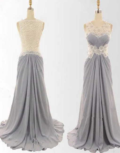 Grey Lace And Chiffon Long Wedding Party Dress, Grey Floor Length Prom Dresses