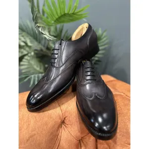 Grey Mirror Glossed Patina Stitch Detail Wingtip Oxford