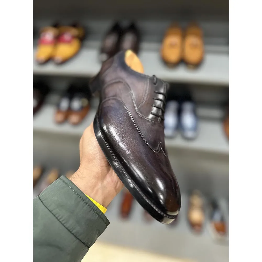 Grey Mirror Glossed Patina Stitch Detail Wingtip Oxford