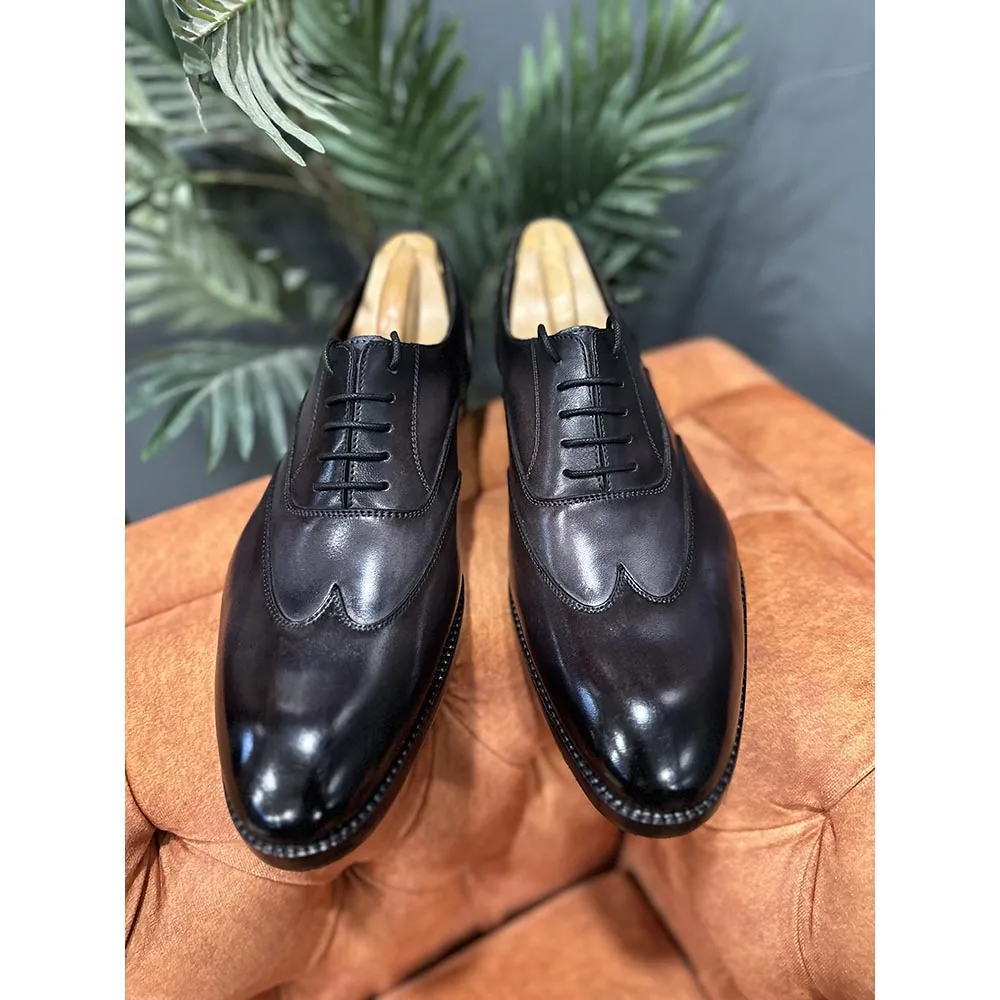 Grey Mirror Glossed Patina Stitch Detail Wingtip Oxford