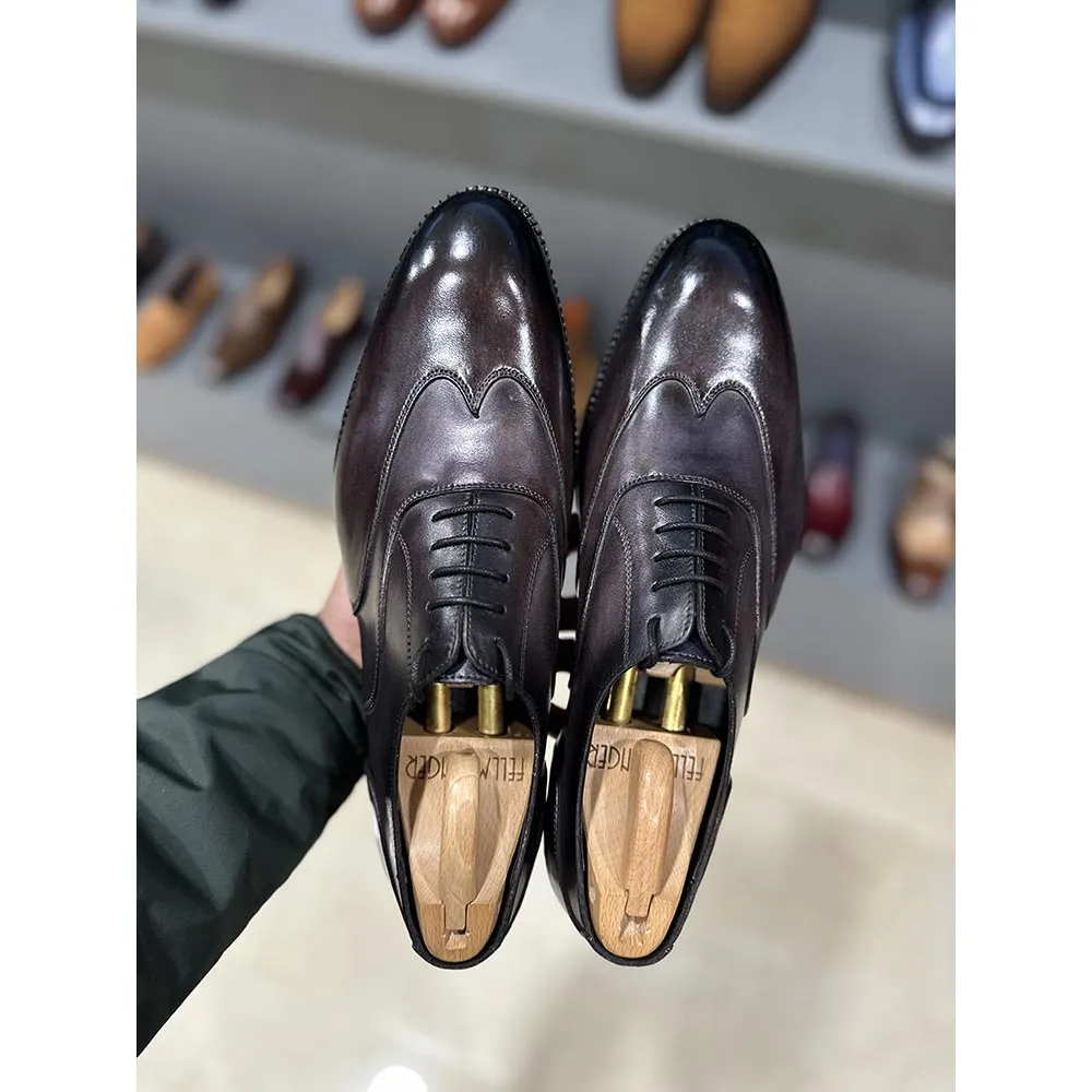 Grey Mirror Glossed Patina Stitch Detail Wingtip Oxford