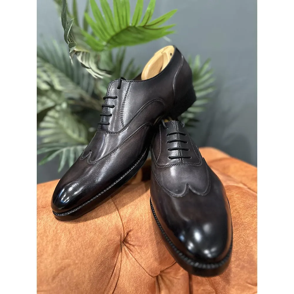 Grey Mirror Glossed Patina Stitch Detail Wingtip Oxford