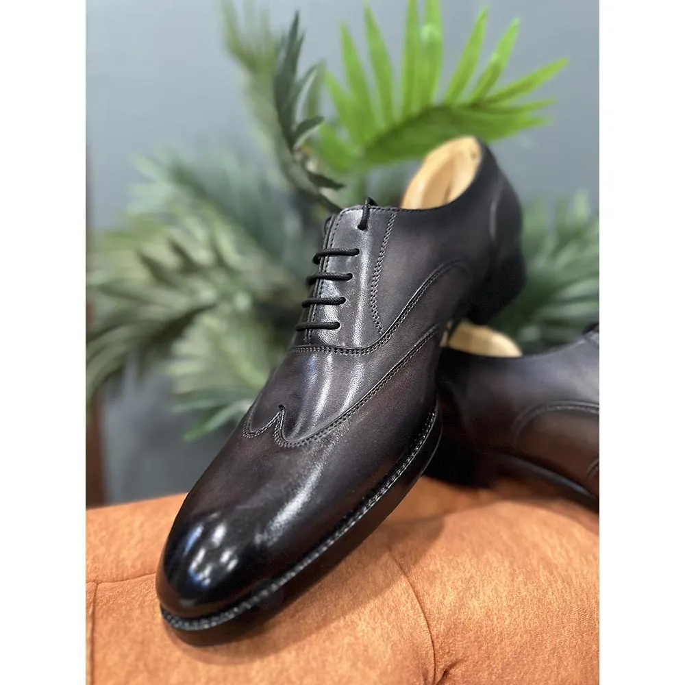 Grey Mirror Glossed Patina Stitch Detail Wingtip Oxford