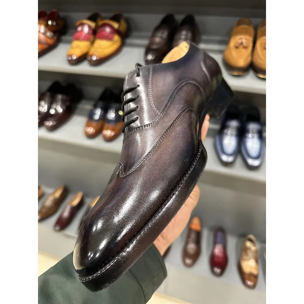 Grey Mirror Glossed Patina Stitch Detail Wingtip Oxford