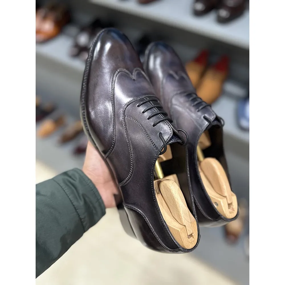 Grey Mirror Glossed Patina Stitch Detail Wingtip Oxford